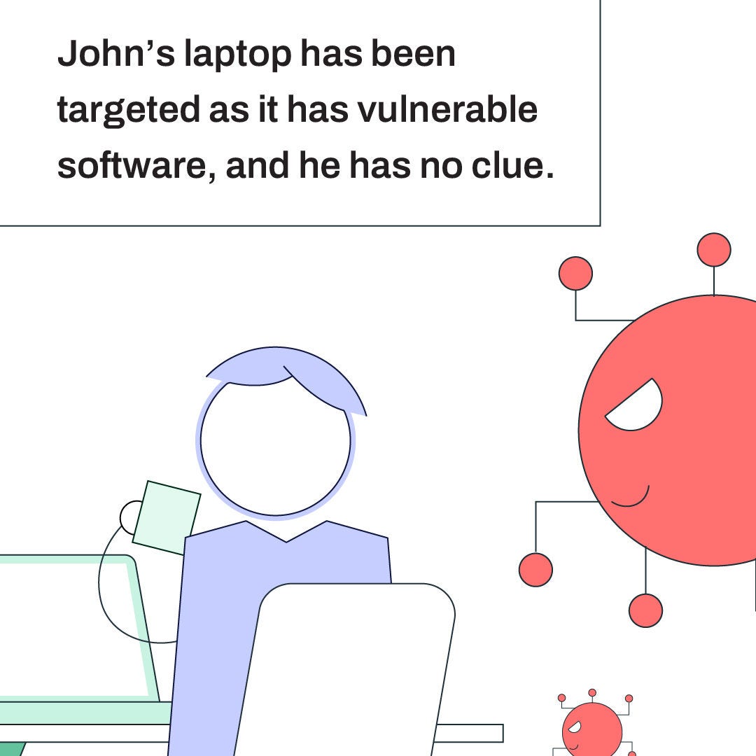 John's laptop has been targeted as it has vulnerable software, and he has no clue
