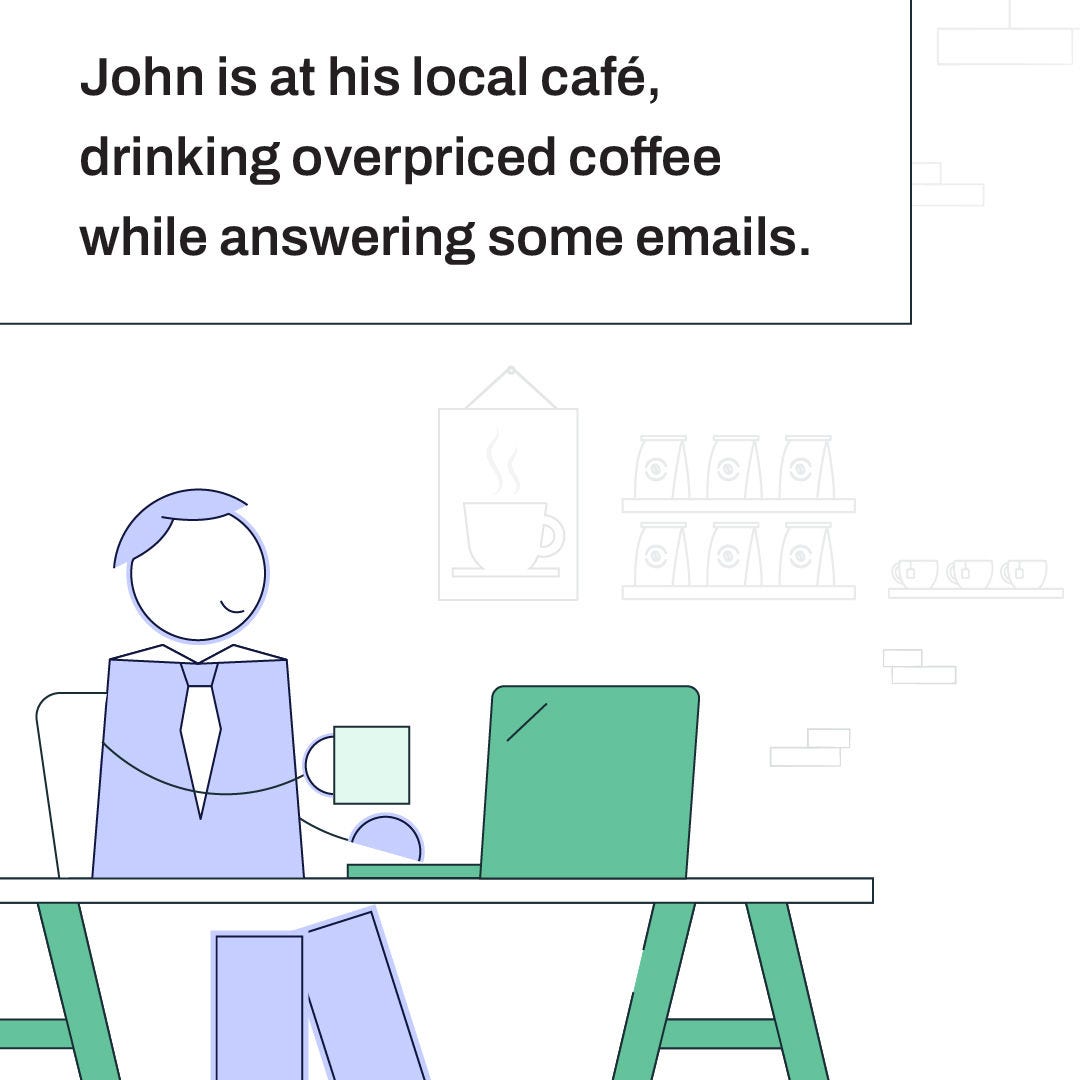 John is at a cafe answering emails