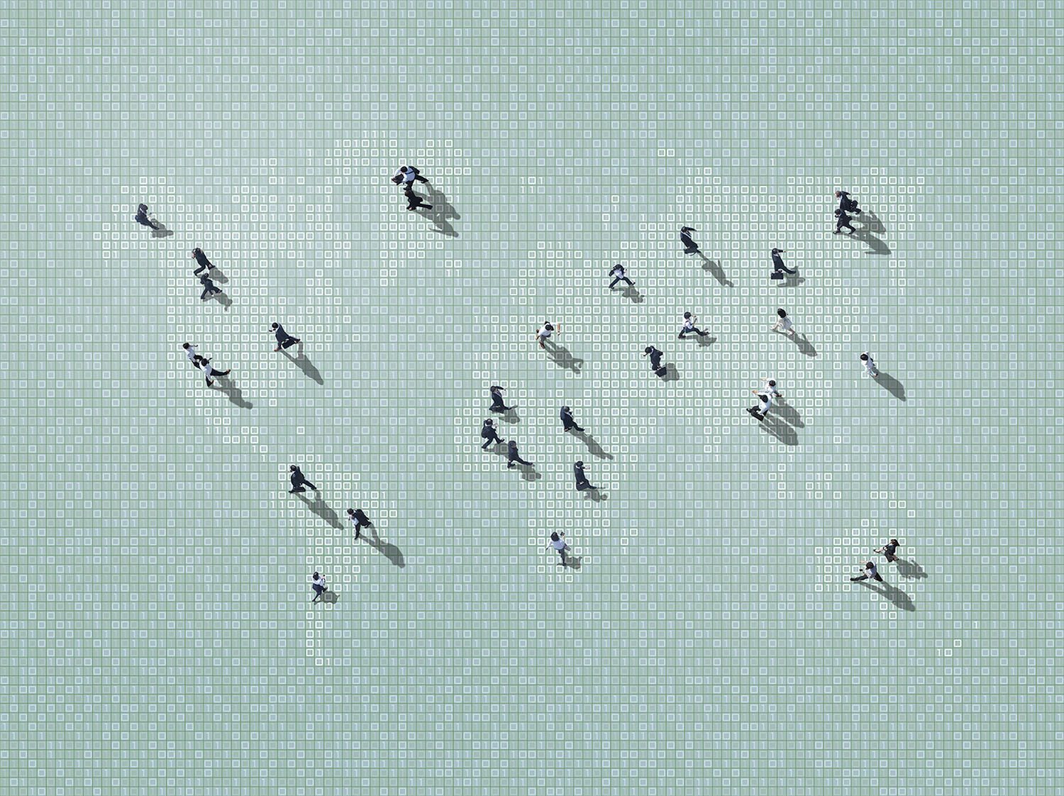 birds eye view of people walking on mint green binary background map