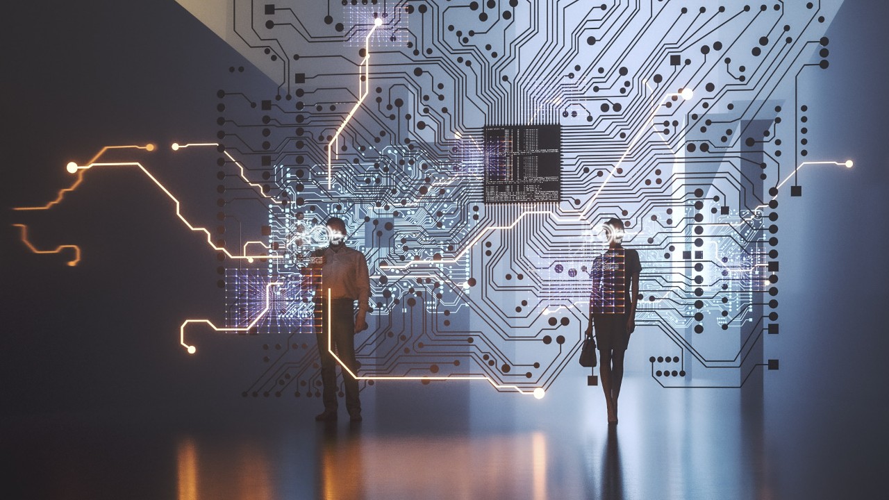futuristic circuitboard with two people behind