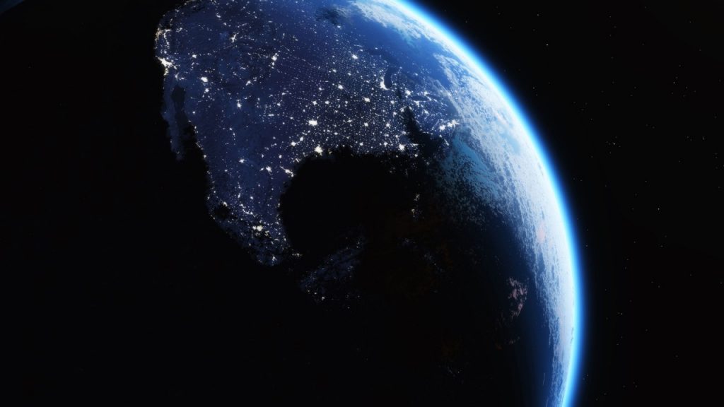 613216690 Earth view from outer space and the cities lights. This is a 3d render illustration . http://www.shadedrelief.com/natural3/pages/textures.html