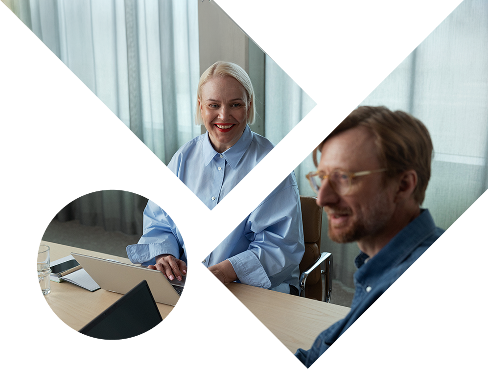Two business working in a modern office setting, displayed through a geometric diamond and circle mask design on a black background — representing partnership and professional collaboration.